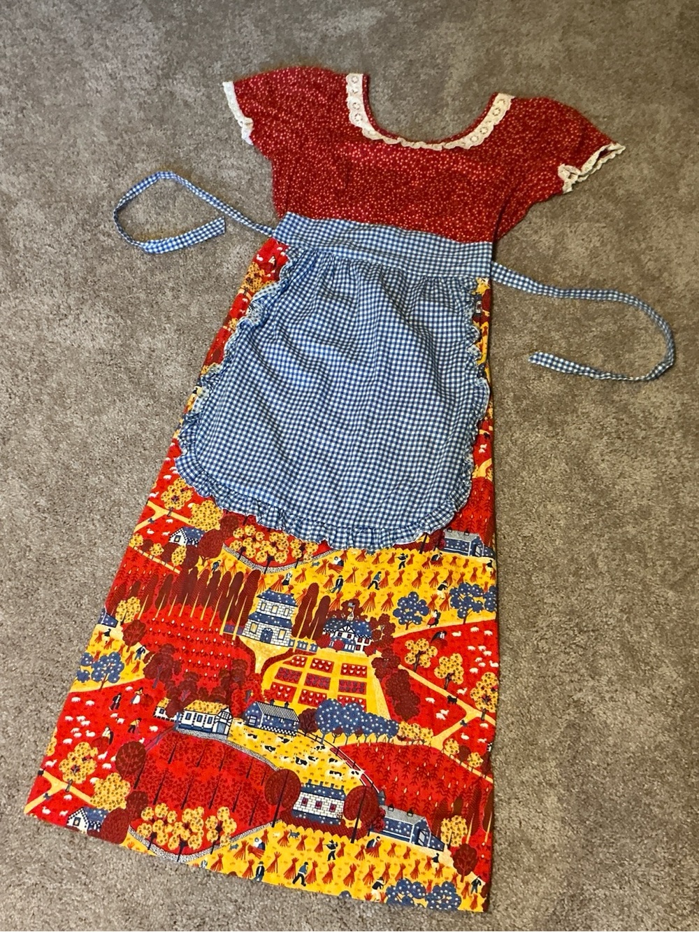 Genuine Vintage 70’s Novelty Print Red Blue Yellow Apron Prairie Maxi Dress Boho